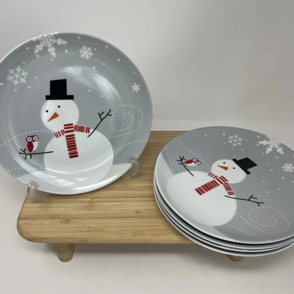 Rachael Ray Little Hoot & Snowman Salad Dessert Plate Set Of 5 Winter Owl Snow - Picture 2 of 4